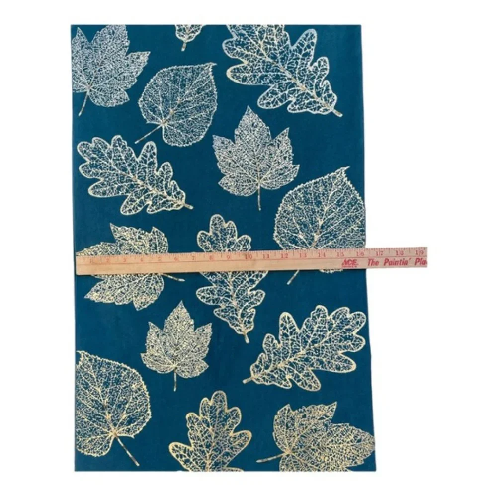 Autumn Gold Filigree Leaves Blue Table Runner with Beaded Stems 16